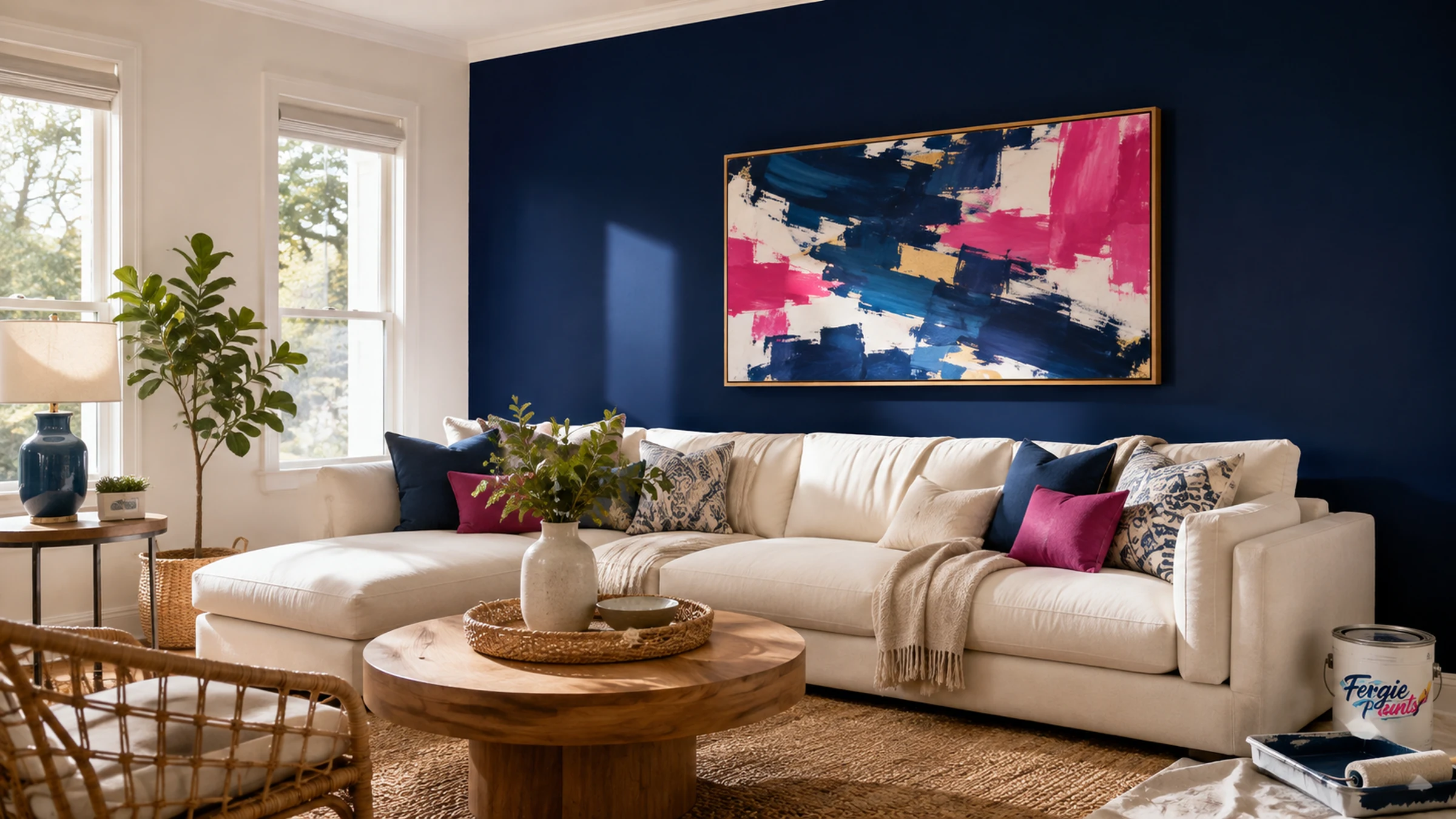 Freshly painted residential living room with navy accent wall in a Pensacola-style home