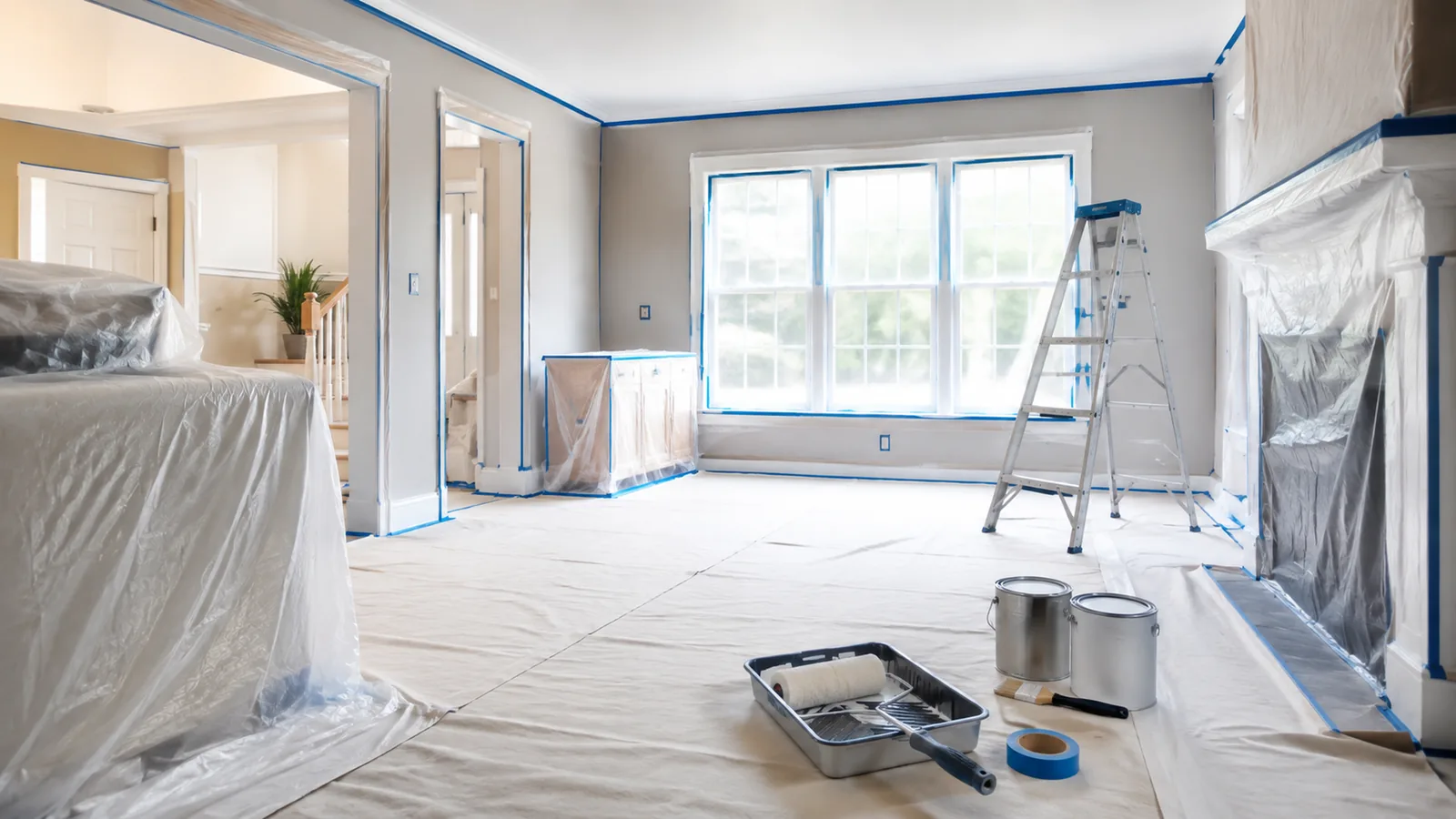 Residential room protected with coverings and painter tape before painting